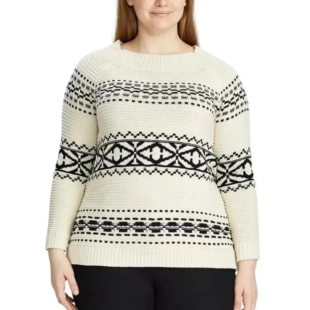 Chaps Cream and Black Patterned Crew Neck Sweater EUC sz XXL